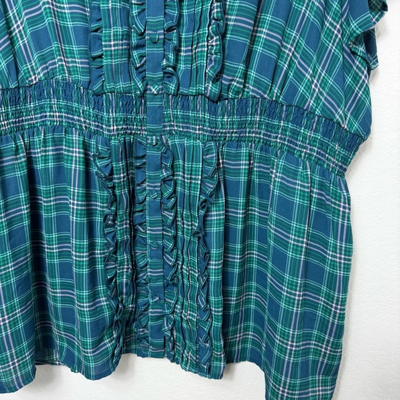 TORRID GEORGETTE RUFFLE FRONT FLUTTER SLEEVE WOMEN BLOUSE BLUE GREEN PLAID 3 - Picture 3 of 7